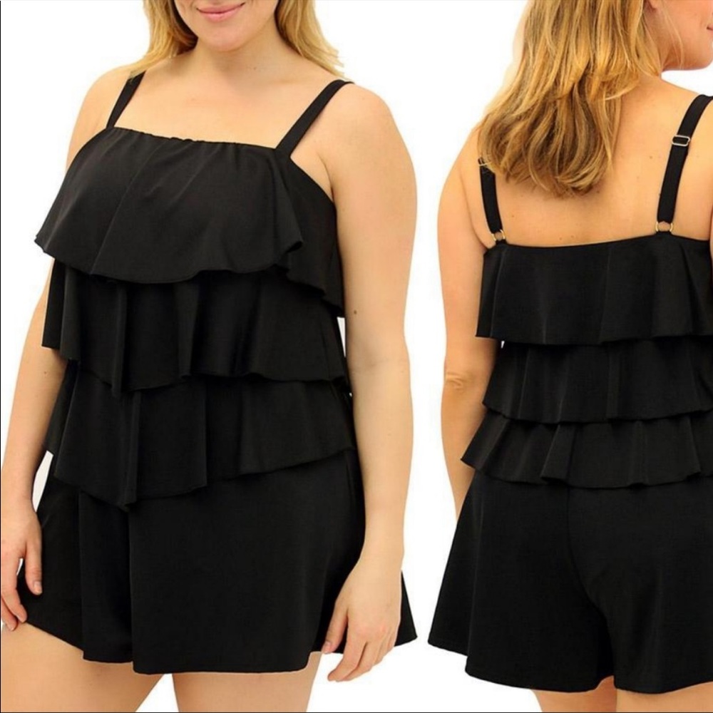 New Fit 4 U Double Tiered Swimsuit Swim set Black QVC Romper Plus size one size